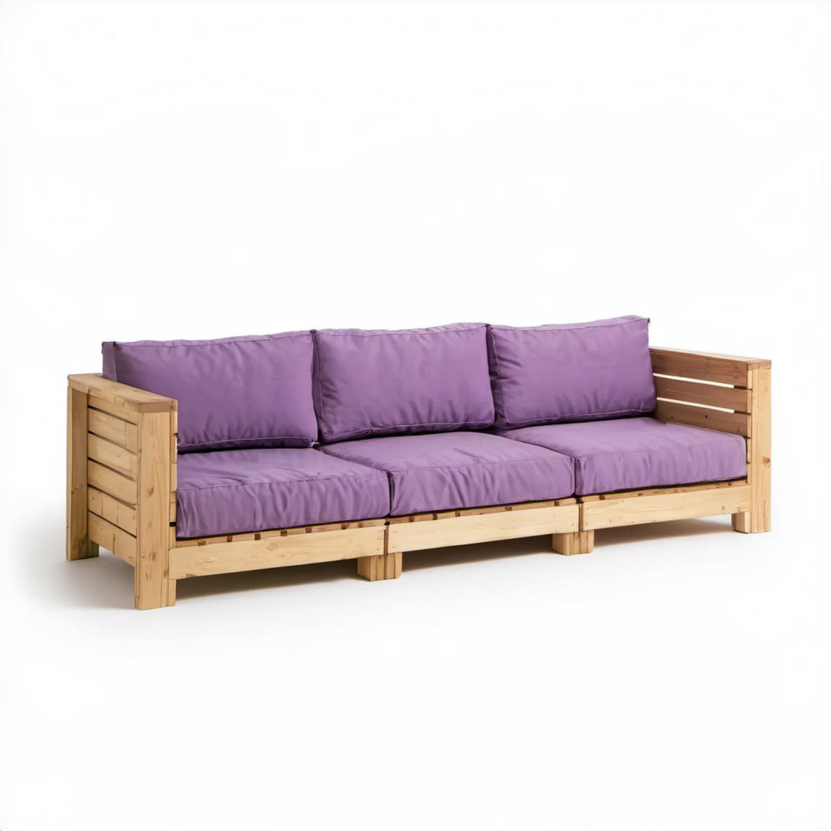 Trzyosobowa sofa ogrodowa z litego drewna sosnowego, naturalna jasnobrązowa/fioletowa, 210 x 70 x 60 cm