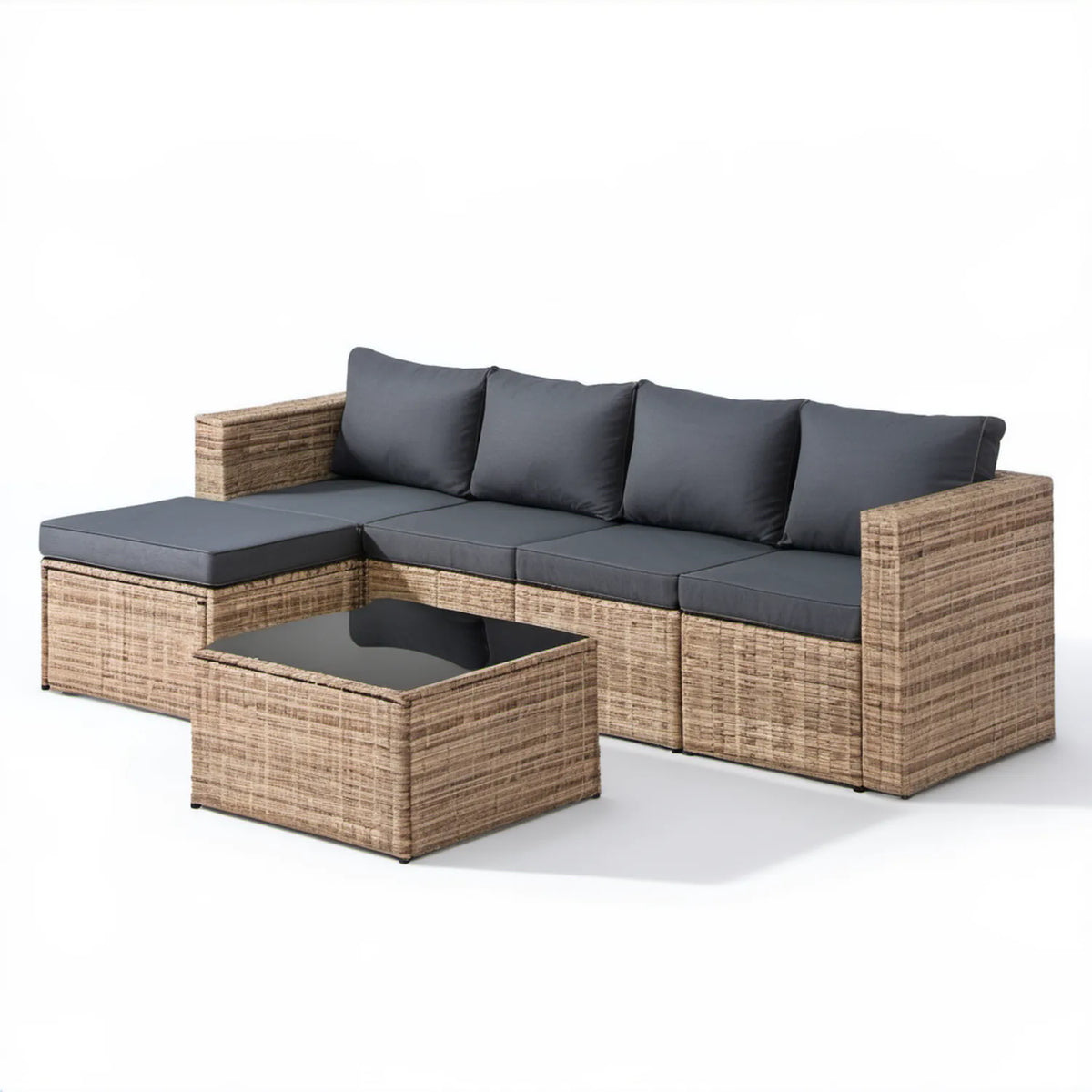 Modułowy narożnik ogrodowy z technorattanu PE 210 x 140 x 60 cm ze stolikiem, beżowy/antracytowy/czarny
