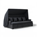 Czarna sofa ogrodowa 3-osobowa z technorattanu PE i składanym daszkiem 210 x 95 x 170 cm