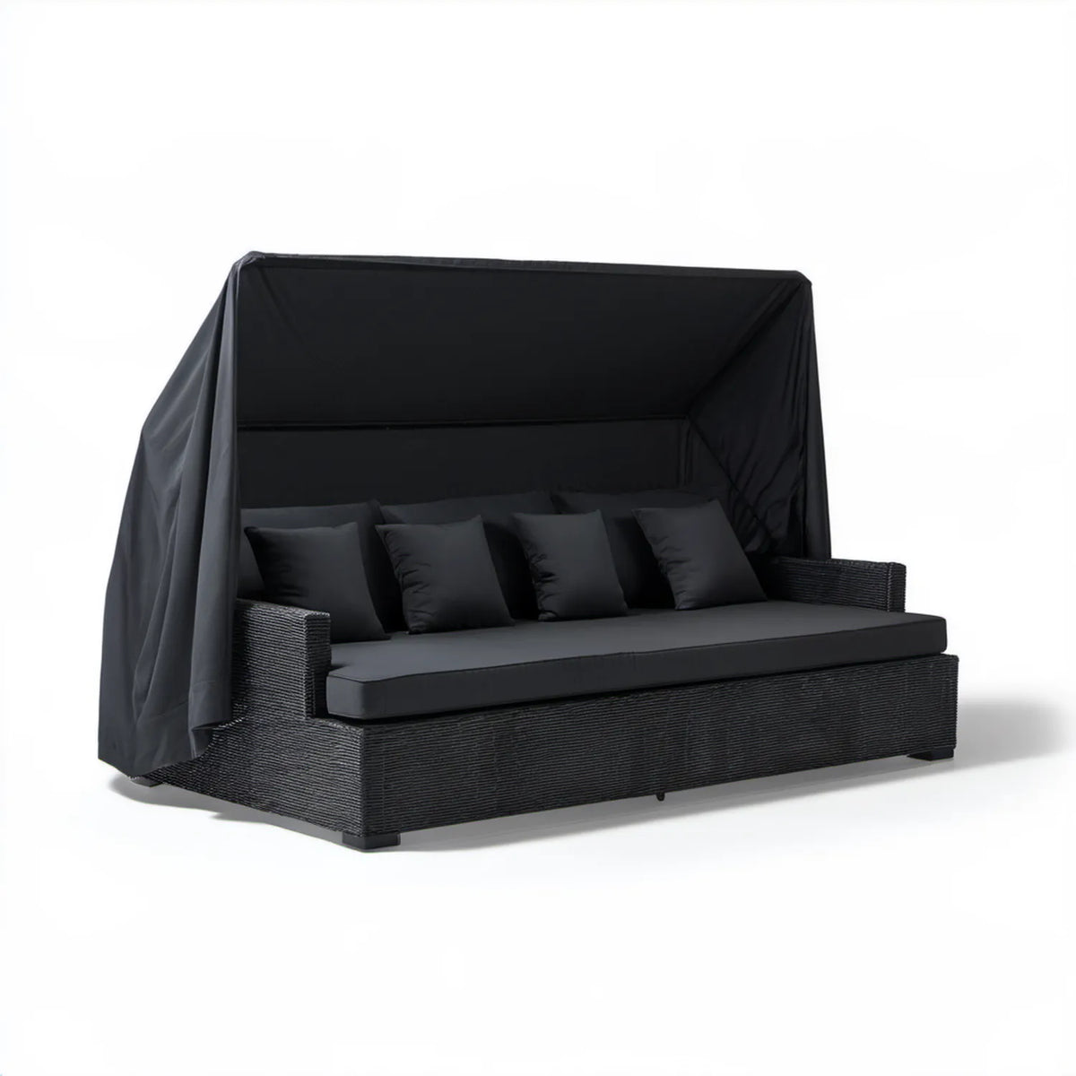 Czarna sofa ogrodowa 3-osobowa z technorattanu PE i składanym daszkiem 210 x 95 x 170 cm