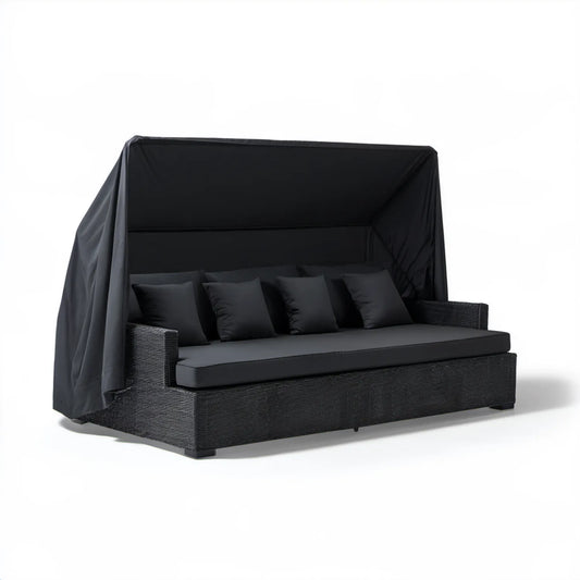 Czarna sofa ogrodowa 3-osobowa z technorattanu PE i składanym daszkiem 210 x 95 x 170 cm