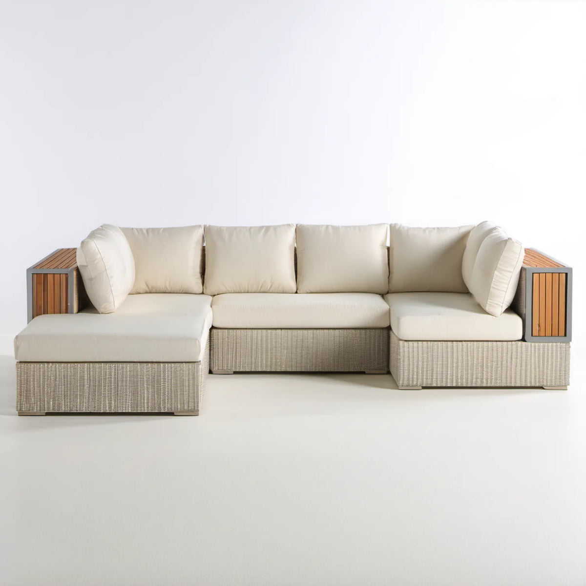 Modułowa narożna sofa ogrodowa z leżanką kremowo-szarobeżowa 270 × 160 × 82 cm z technorattanu PE i aluminium