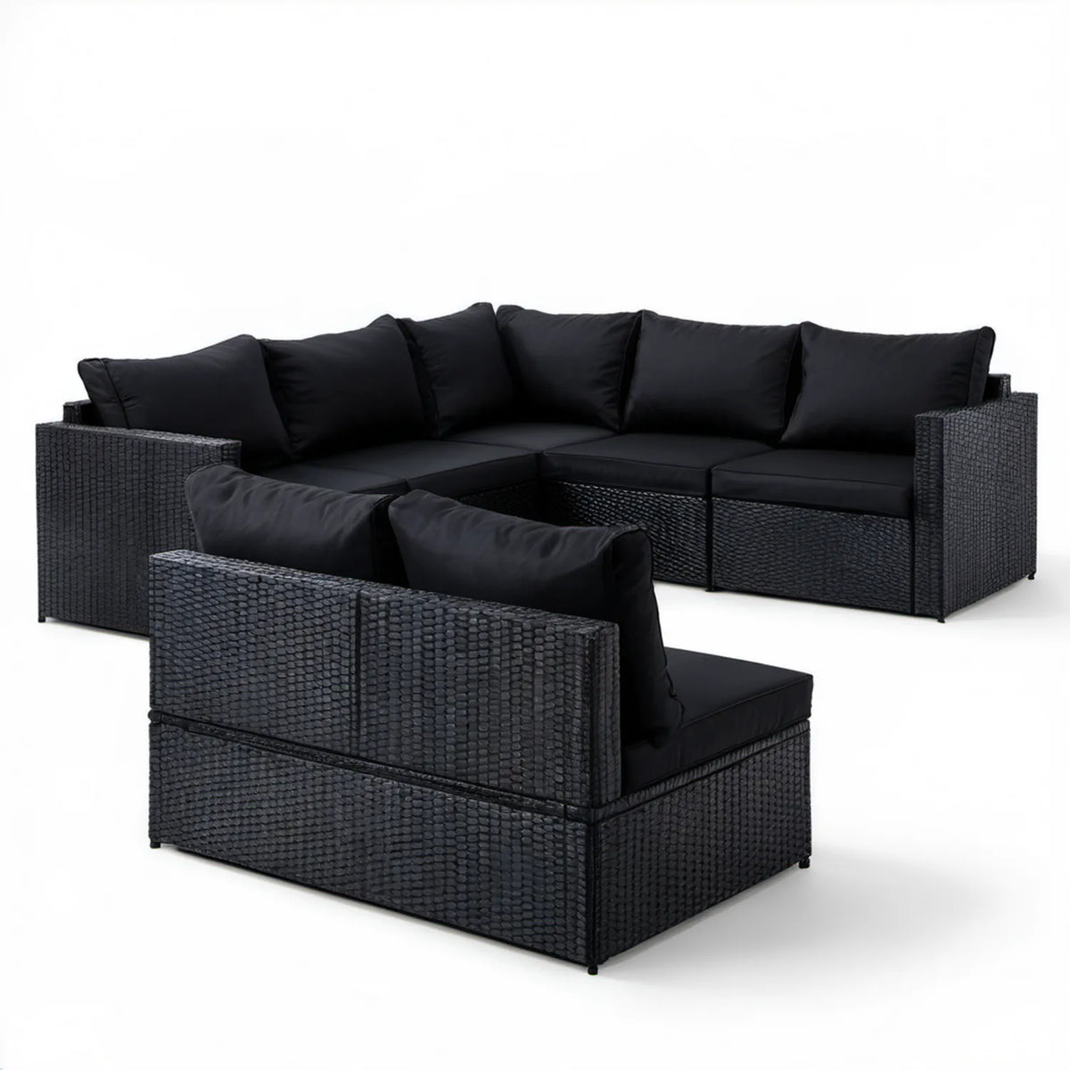 Czarny zestaw z technorattanu: sofa narożna 210 x 70 x 63 cm i fotel 84 x 70 x 63 cm