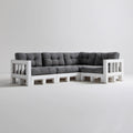 Narożna sofa ogrodowa z litego drewna sosnowego biała z ciemnoszarymi poduszkami 210 x 140 x 70 cm