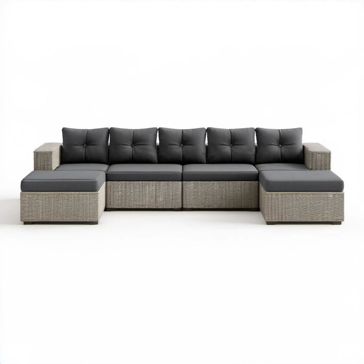 Narożna sofa ogrodowa w kształcie U z technorattanu PE, szaro-czarna, 300 x 140 x 65 cm