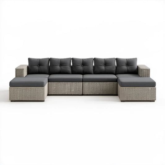 Narożna sofa ogrodowa w kształcie U z technorattanu PE, szaro-czarna, 300 x 140 x 65 cm
